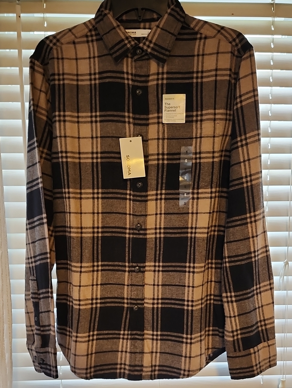 Sonoma Men’s Black and Tan Plaid Flannel Button-Down Shirt
